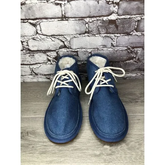 UGG Neumel Blue Fabric Fur WHT Lace Up Chukka Boots Men Sz 43EU/10M US 1117613